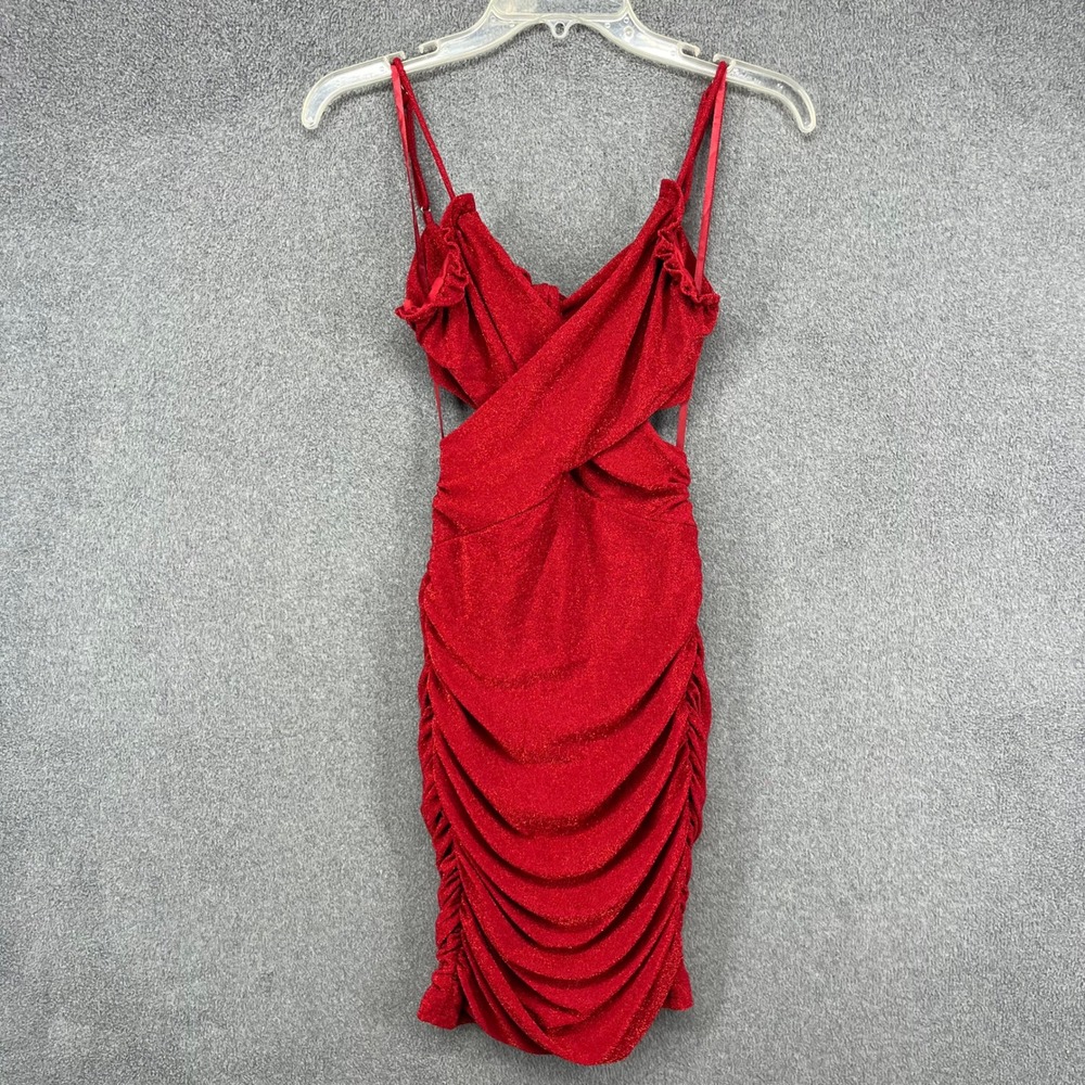 Saints + Secrets Dress Women XS Red Metallic Ruched Bodycon Mini Sexy Party Glam